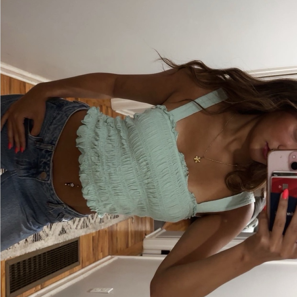 American Eagle Green Ruffled Fitted Tank Top